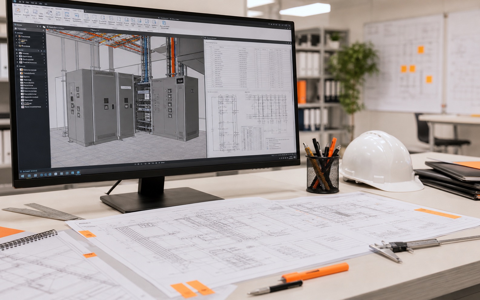 Estação de engenharia com modelo BIM de sala elétrica e pranchas de projeto