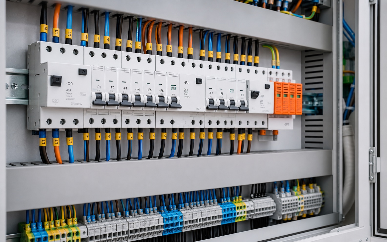 Painel de distribuição e automação com proteções, bornes e condutores identificados