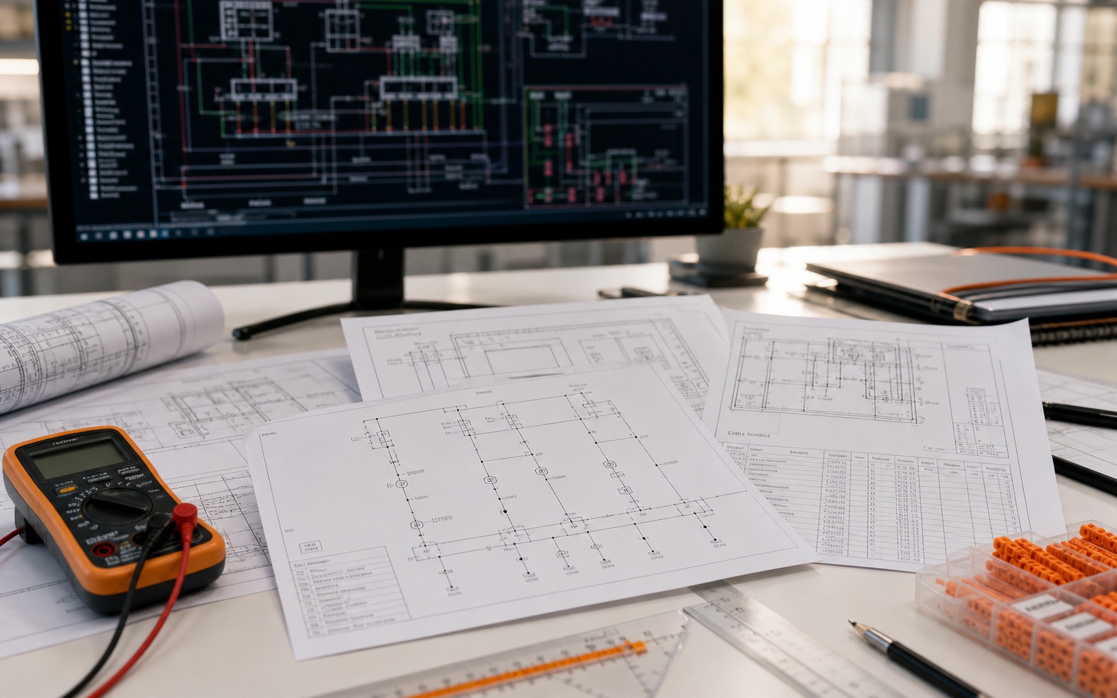 Mesa de engenharia com diagramas elétricos, multímetro e documentação técnica