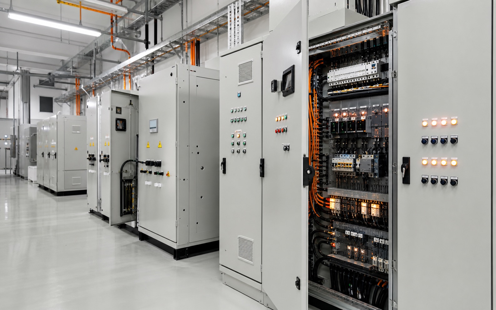 Sala industrial com fileira de painéis elétricos e armários de controle