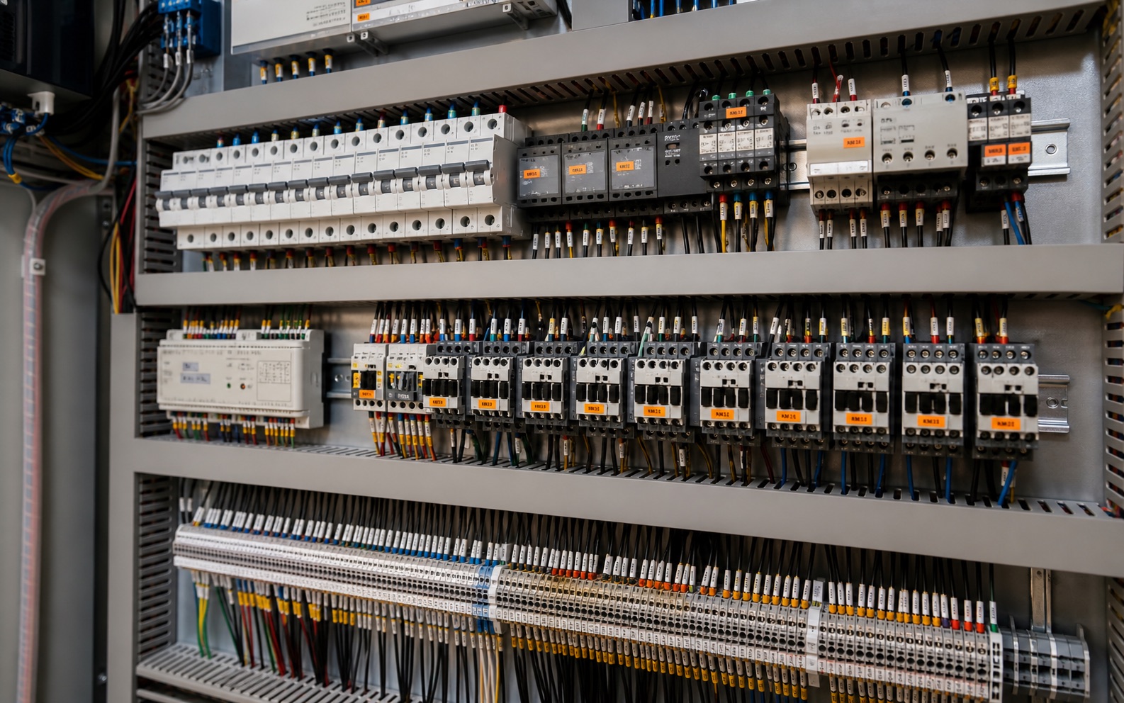 Painel elétrico industrial com disjuntores, bornes, contatores e cabeamento identificado
